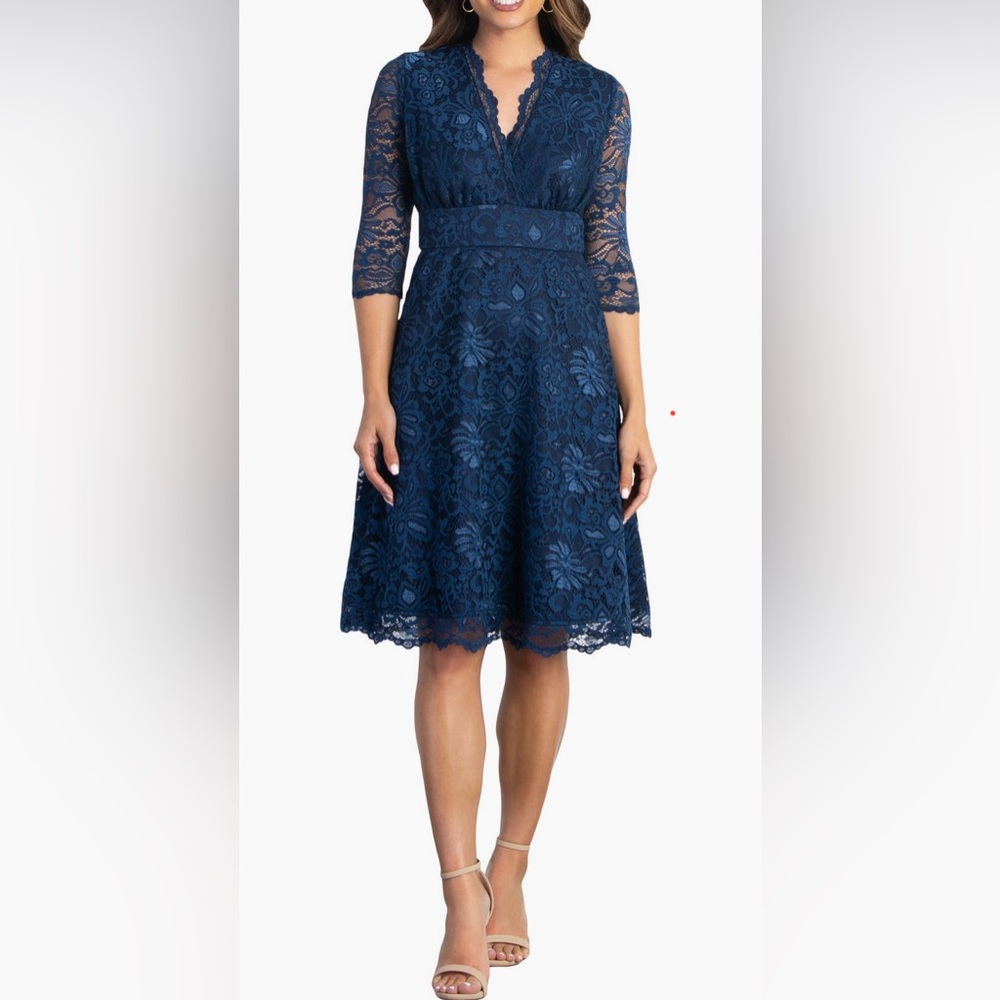 Navy Blue Lace Elbow Sleeve Dress - Like NEW